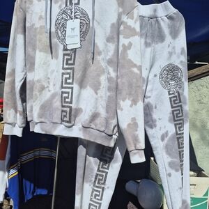 Gray and White Hoodie and Jogger Set